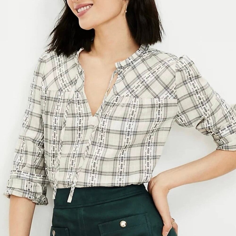 LOFT Plaid 100% Cotton Ruffle Tie Front Long Sleeve Blouse Size S